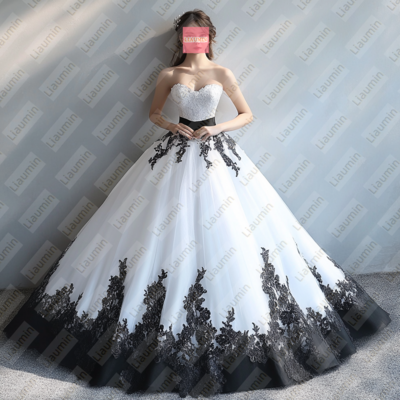 White Tulle and Black Lace Strapless Full Length Prom Dress Evening Dress Custom Hand Made W19-7.4