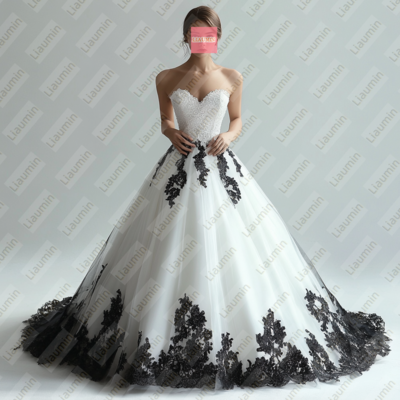 White tulle and black lace strapless full length prom dress evening dress custom hand made w19-7.5