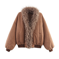 Faux fur large fur collar patchwork cotton jacket - Thumbnail 1