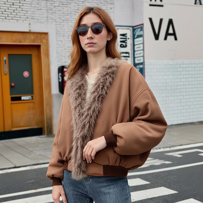 Faux fur large fur collar patchwork cotton jacket