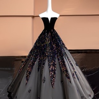 Strapless V-neck Sequins Velvet A Line Lace Up Ball Evening Dresses - Thumbnail 2