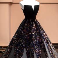 Strapless V-neck Sequins Velvet A Line Lace Up Ball Evening Dresses - Thumbnail 1