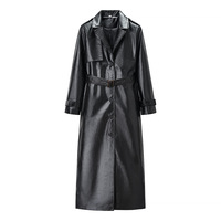 Street Fashion Faux Leather Long Trench Coat - Thumbnail 2