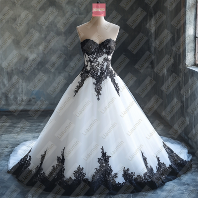 White tulle and black lace strapless full length prom dress evening dress custom hand made w19-8.1