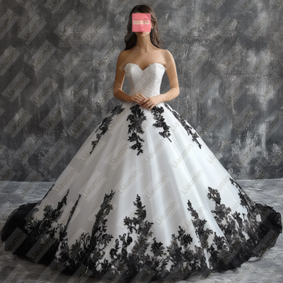 White Tulle and Black Lace Strapless Full Length Prom Dress Evening Dress Custom Hand Made W19-8.2