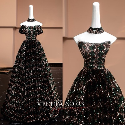 Shiny colorful sequined strapless floor-length dress with a neck gaiter,detachable sleeves prom dresses 