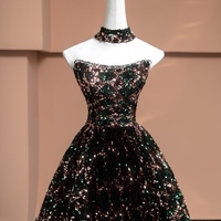 Shiny colorful sequined strapless floor-length dress with a neck gaiter,Detachable sleeves Prom Dresses  - Thumbnail 1