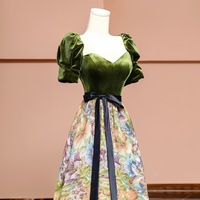 Green Velvet Maxi Dress Fall Winter Printing Party Dress Women Short Sleeve Floor Length Formal Evening Gown Elegant Holiday Gala Outfit Custom Dress - Thumbnail 1