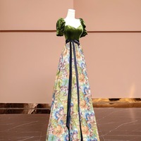 Green Velvet Maxi Dress Fall Winter Printing Party Dress Women Short Sleeve Floor Length Formal Evening Gown Elegant Holiday Gala Outfit Custom Dress - Thumbnail 5