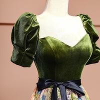 Green Velvet Maxi Dress Fall Winter Printing Party Dress Women Short Sleeve Floor Length Formal Evening Gown Elegant Holiday Gala Outfit Custom Dress - Thumbnail 6