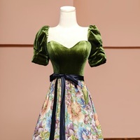 Green Velvet Maxi Dress Fall Winter Printing Party Dress Women Short Sleeve Floor Length Formal Evening Gown Elegant Holiday Gala Outfit Custom Dress - Thumbnail 7