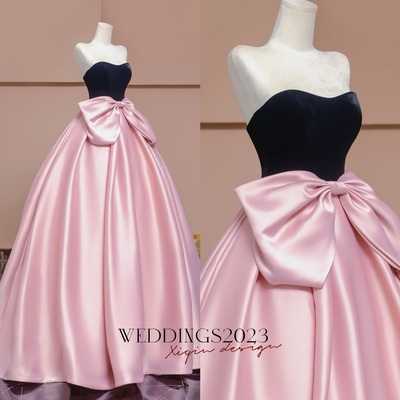 Sexy Dark Blue Velvet Strapless Pink Satin  with Bow Floor Length Prom Dresses 