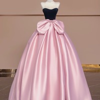Sexy Dark Blue Velvet Strapless Pink Satin  with Bow Floor Length Prom Dresses  - Thumbnail 3