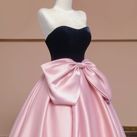 Sexy Dark Blue Velvet Strapless Pink Satin  with Bow Floor Length Prom Dresses  - Thumbnail 6