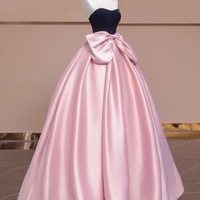 Sexy Dark Blue Velvet Strapless Pink Satin  with Bow Floor Length Prom Dresses  - Thumbnail 2