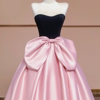 Sexy Dark Blue Velvet Strapless Pink Satin  with Bow Floor Length Prom Dresses  - Thumbnail 1