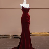 Red Velevt Rhinestone Embellishment Mermaid Train Prom Dresses Evening Dress - Thumbnail 5