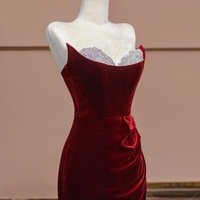 Red Velevt Rhinestone Embellishment Mermaid Train Prom Dresses Evening Dress - Thumbnail 6