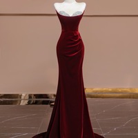Red Velevt Rhinestone Embellishment Mermaid Train Prom Dresses Evening Dress - Thumbnail 2