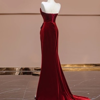 Red Velevt Rhinestone Embellishment Mermaid Train Prom Dresses Evening Dress - Thumbnail 1