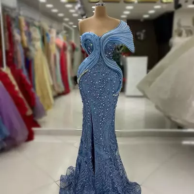 Prom dresses for special occasions mermaid one shoulder beaded lace pearls crystals birthday party gowns reception dress