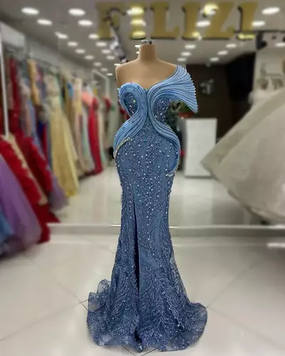 Prom Dresses For Special Occasions Mermaid One Shoulder Beaded Lace Pearls Crystals Birthday Party Gowns Reception Dress