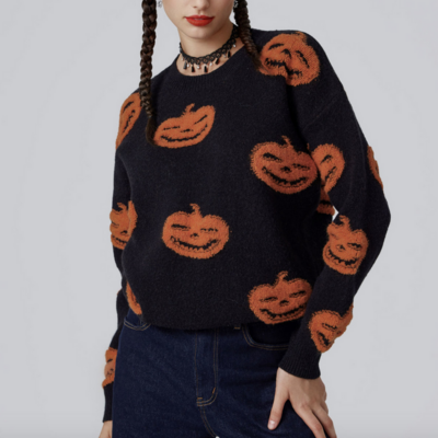 Halloween pumpkin jack-o-lantern jacquard pullover knit sweater jumper