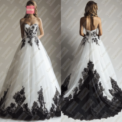 White Tulle and Black Lace Strapless Full Length Prom Dress Evening Dress Custom Hand Made W19-8.3
