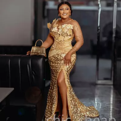Aso ebi plus size gold mermaid prom dress lace florals evening formal party second reception 50th birthday engagement thanksgiving gowns