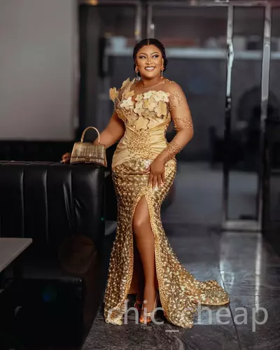 Aso Ebi Plus Size Gold Mermaid Prom Dress Lace Florals Evening Formal Party Second Reception 50th Birthday Engagement Thanksgiving Gowns
