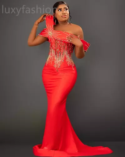 Red Mermaid Prom Dresses Stylish Beaded Crystals Evening Party Formal Second Reception Birthday Enagement Thanksgiving Dress