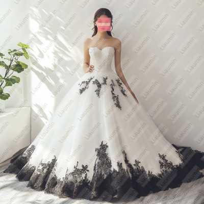 White tulle and black lace strapless full length prom dress evening dress custom hand made w19-8.5 - Thumbnail 2