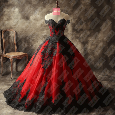 Red tulle and black lace strapless full length prom dress evening dress custom hand made w19-9.1