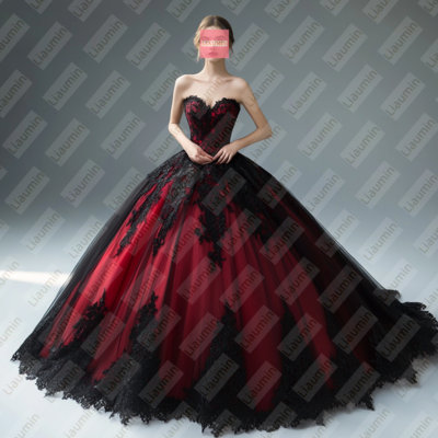 Red Tulle and Black Lace Strapless Full Length Prom Dress Evening Dress Custom Hand Made W19-9.3