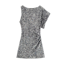 Elegant and fashionable asymmetrical sequined mini dress - Thumbnail 1