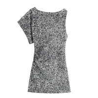 Elegant and fashionable asymmetrical sequined mini dress - Thumbnail 2
