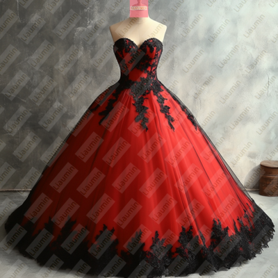 Red Tulle and Black Lace Strapless Full Length Prom Dress Evening Dress Custom Hand Made W19-9.4