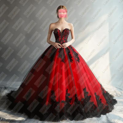 Red tulle and black lace strapless full length prom dress evening dress custom hand made w19-9.5