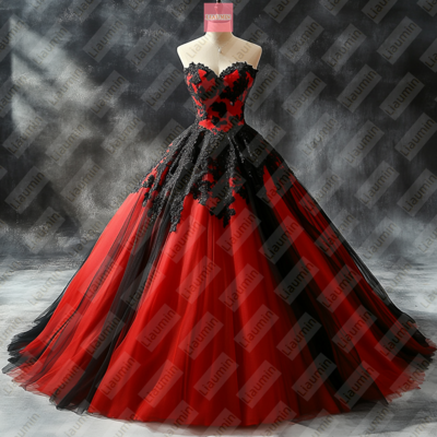 Red Tulle and Black Lace Strapless Full Length Prom Dress Evening Dress Custom Hand Made W19-9.7