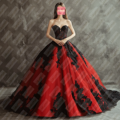  red tulle and black lace strapless full length prom dress evening dress custom hand made w19-9.9