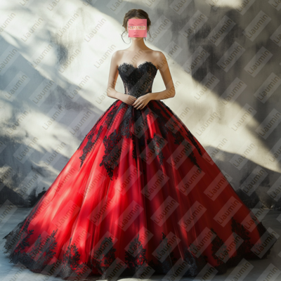  Red Tulle and Black Lace Strapless Full Length Prom Dress Evening Dress Custom Hand Made W19-9.8