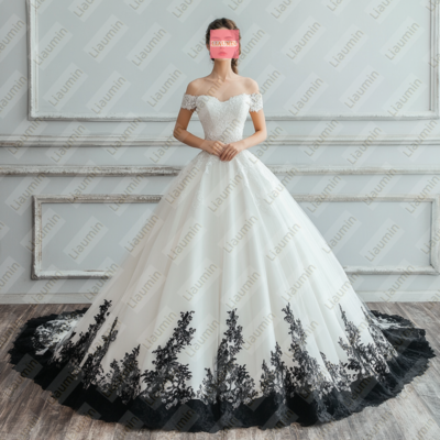 White Tulle and Black Lace Strapless Full Length Prom Dress Evening Dress Custom Hand Made W19-10.1