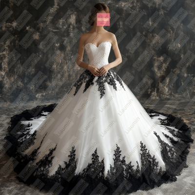 White tulle and black lace strapless full length prom dress evening dress custom hand made w19-10.3 - Thumbnail 1