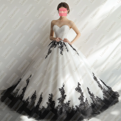 White Tulle and Black Lace Strapless Full Length Prom Dress Evening Dress Custom Hand Made W19-10.4