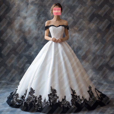 White Tulle and Black Lace Strapless Full Length Prom Dress Evening Dress Custom Hand Made W19-10.6