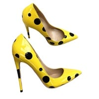 Shiny stiletto heels pointed toe yellow polka dot party shoes - Thumbnail 2