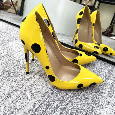 Shiny stiletto heels pointed toe yellow polka dot party shoes