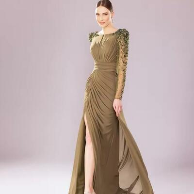 Luxury wedding party dress crystal long sleeves column formal evening gowns green chiffon side split mother of the bride dresses