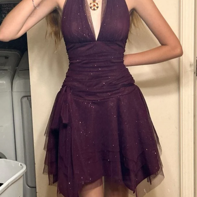 Sexy v neck dark purple tulle short prom homecoming dresses