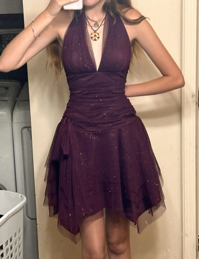 Sexy V Neck Dark Purple Tulle Short Prom Homecoming Dresses